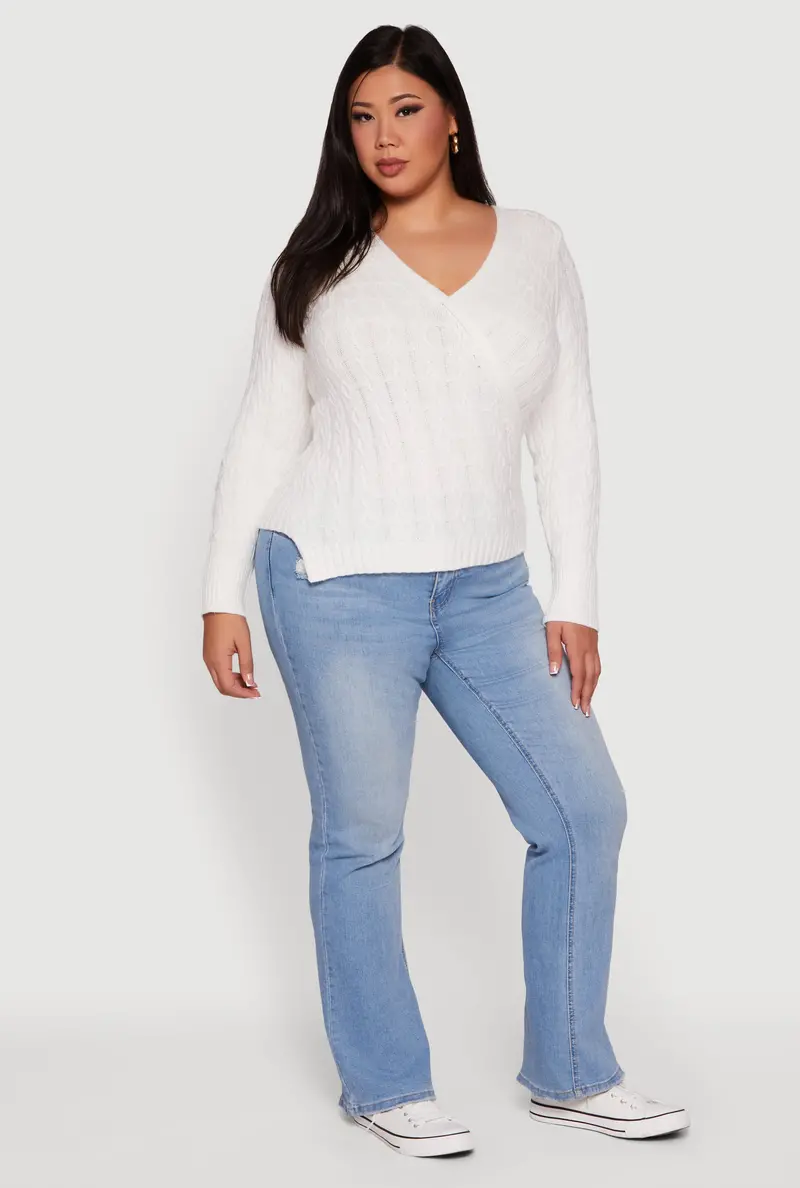 Plus Size Cable-Knit Faux-Wrap Sweater 1