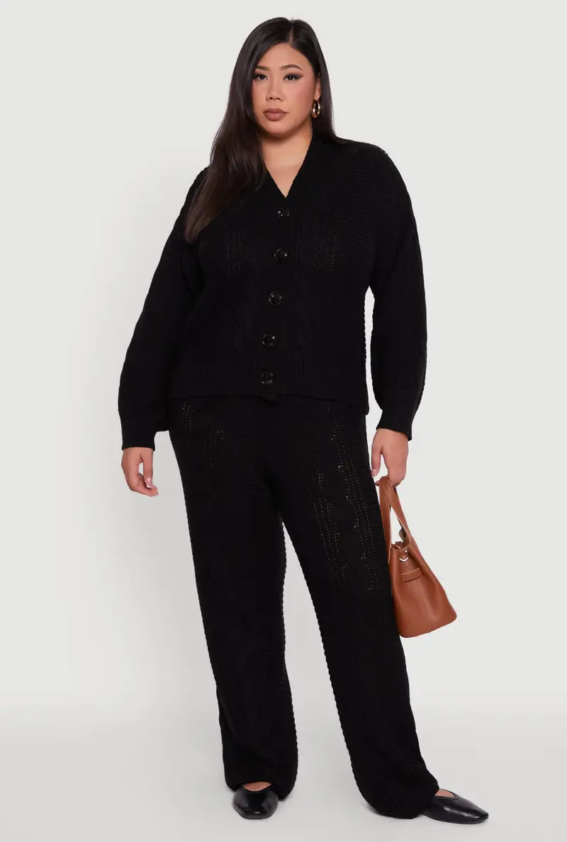 Plus Size Cable Knit High-Waist Trousers 1
