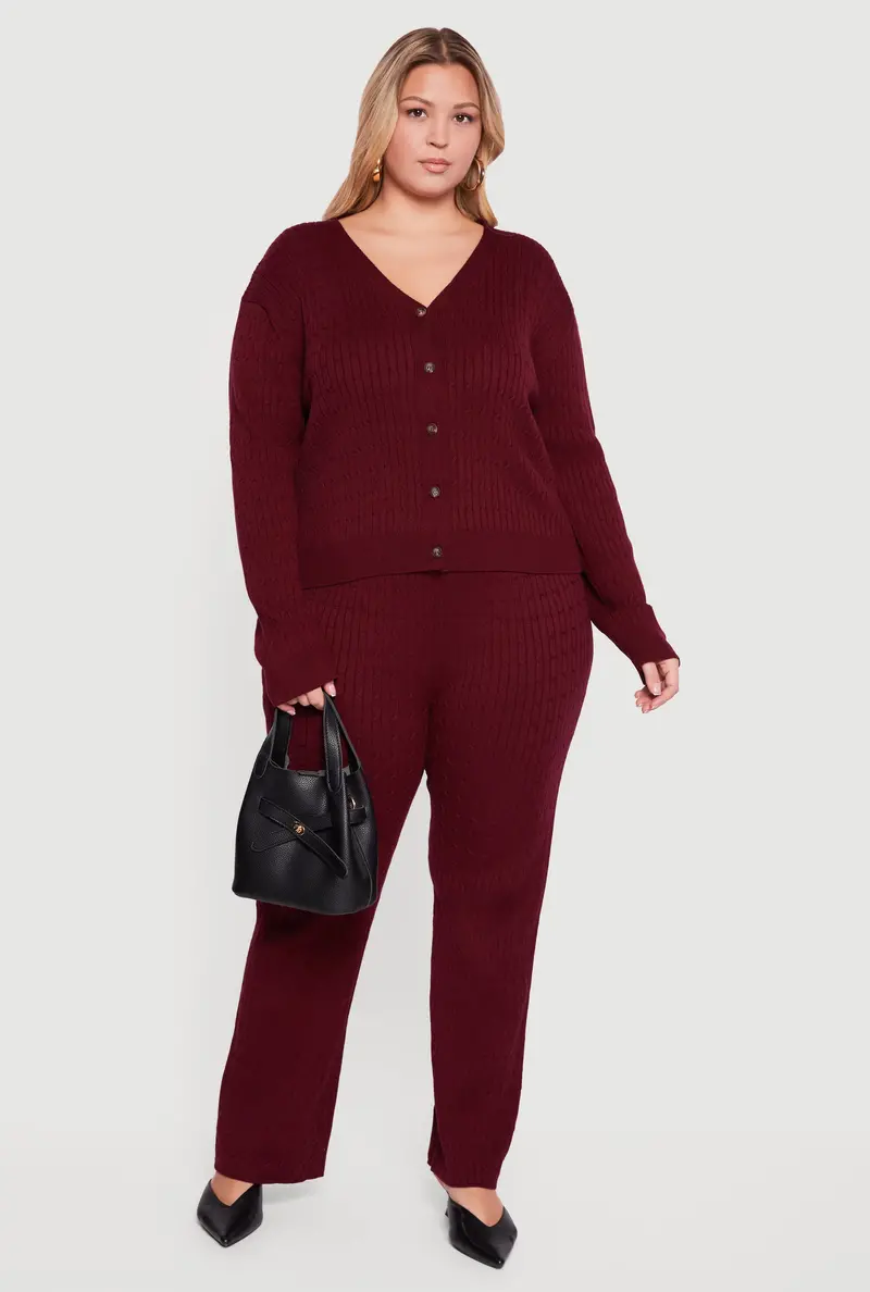 Plus Size Cable Knit Pull-On Pants With Drawstring Waist 1