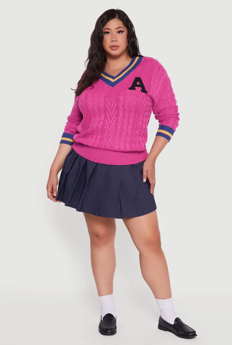 Plus Size Cable-Knit Varsity-Stripe Sweater 1