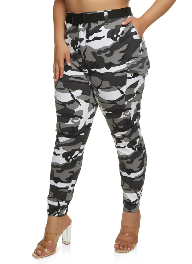 Plus Size Camo Cargo Joggers With Belted Waist 1