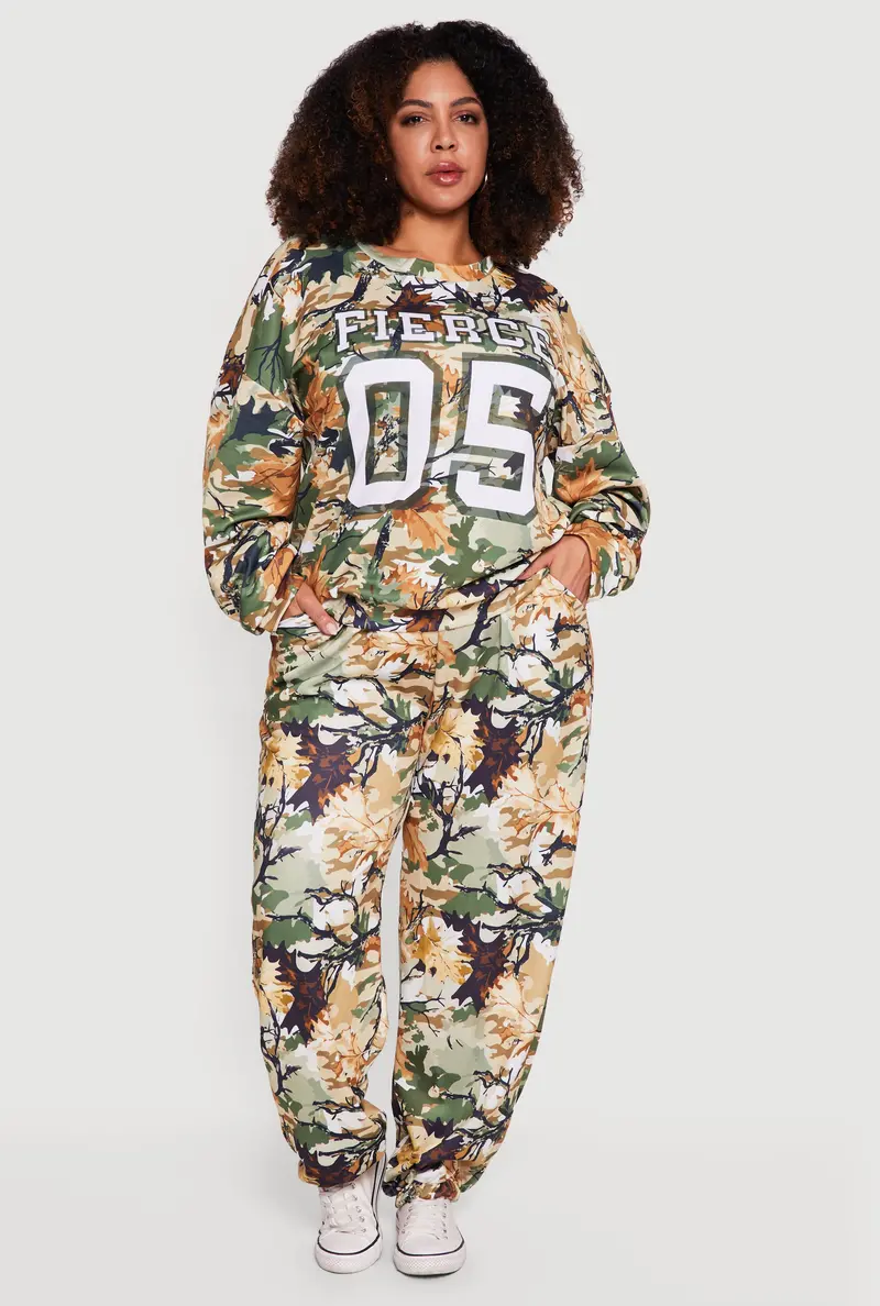 Plus Size Camo-Print Hunter Green Joggers With Drawstring Waist 1
