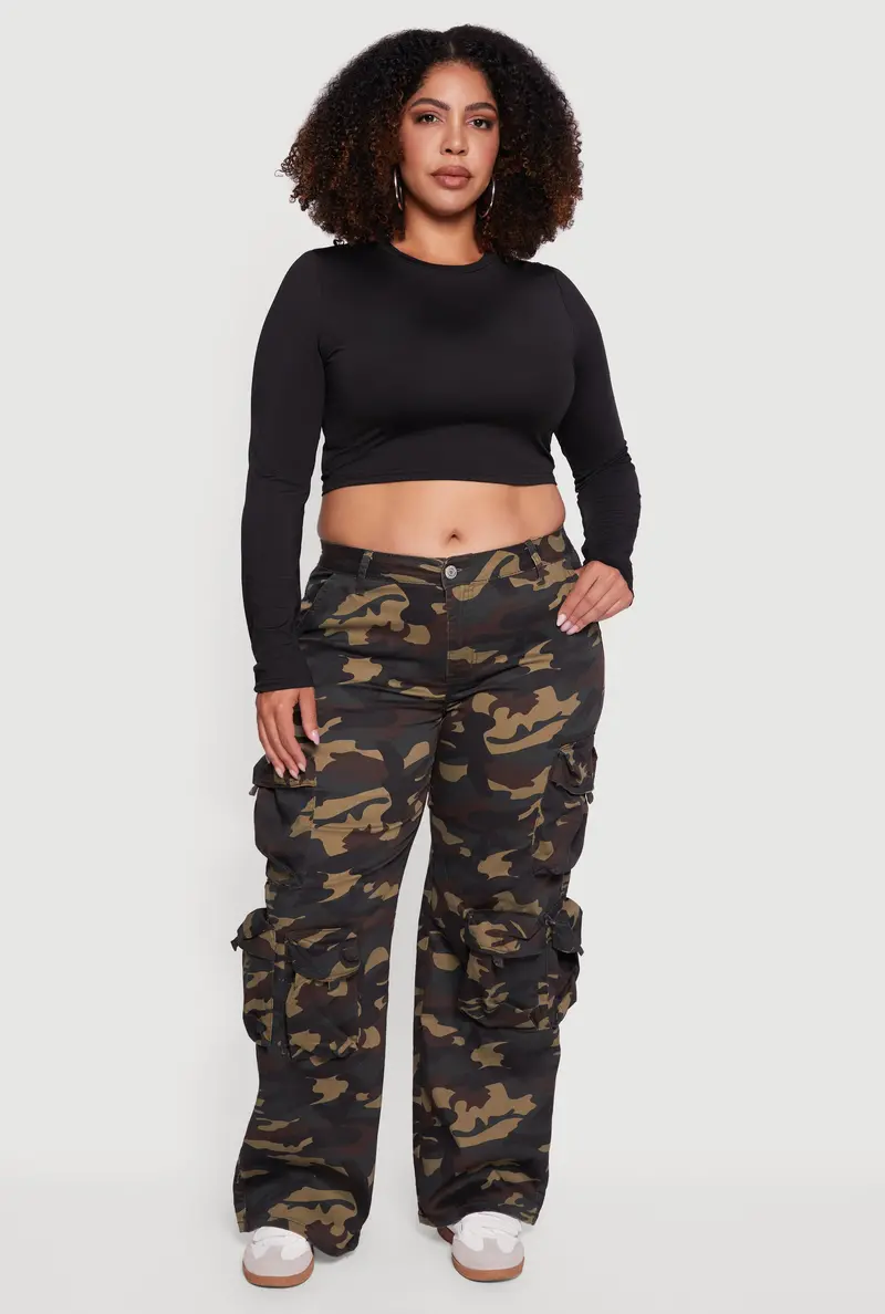 Plus Size Camouflage Print Wide Leg Cargo Pants 1