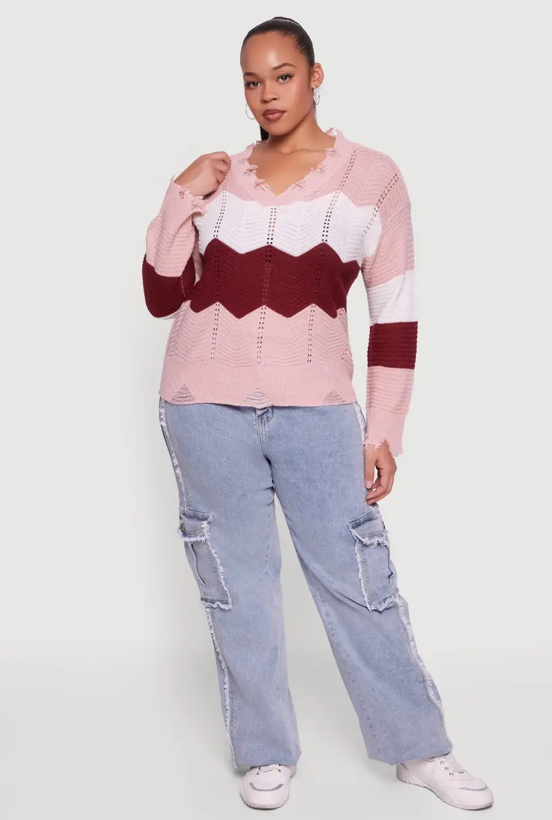 Plus Size Chevron-Striped Frayed Pointelle Sweater 1