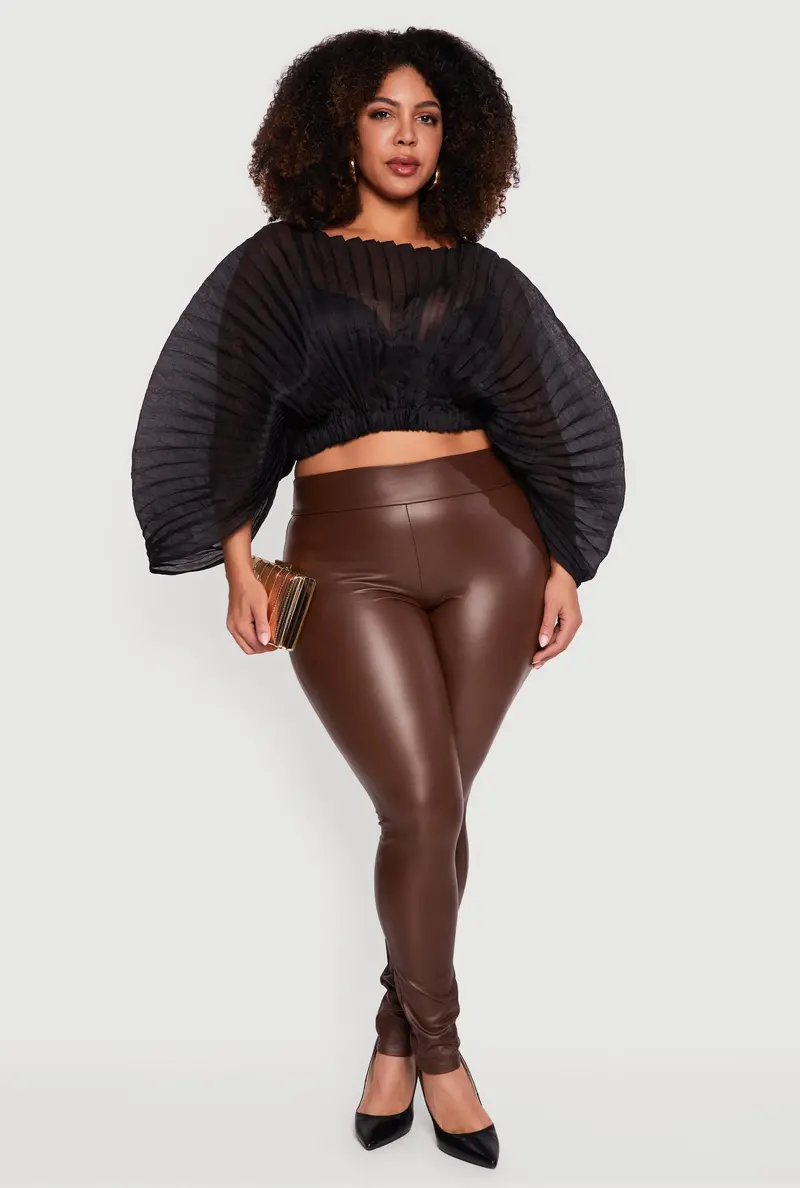 Plus Size Chiffon Boat Neck Cropped Top With Pleats 1