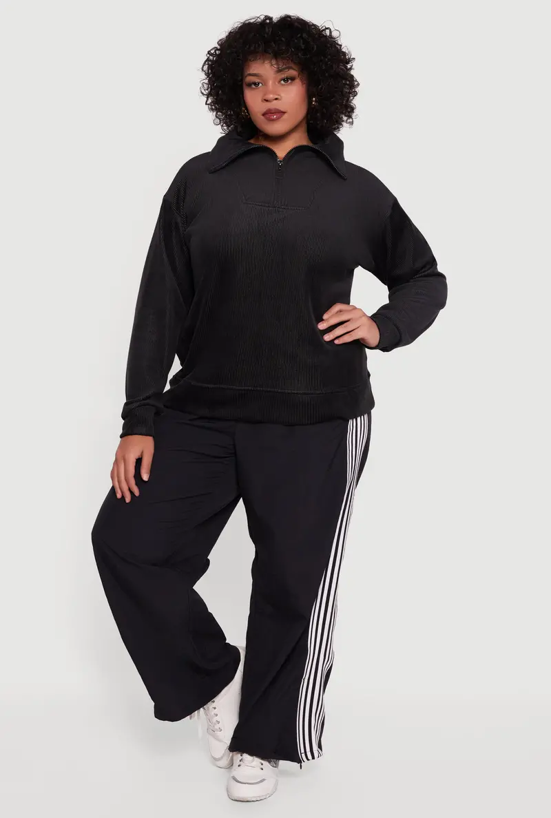 Plus Size Corduroy Sweatshirt With Half-Zip And Fleece Lining 1