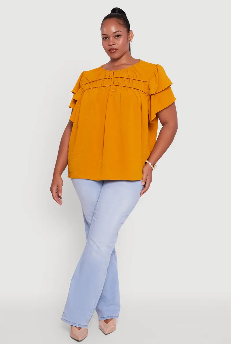 Plus Size Crepe Knit Peasant-Style Blouse With Relaxed Fit 1