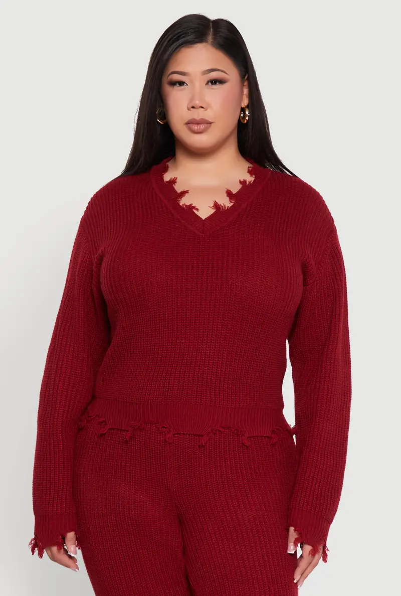 Plus Size Crochet V-Neck Sweater With Frayed Hem 1