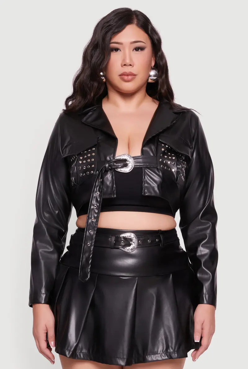 Plus Size Cropped Faux Leather Jacket With Belt, Studs, And Front Closure 1