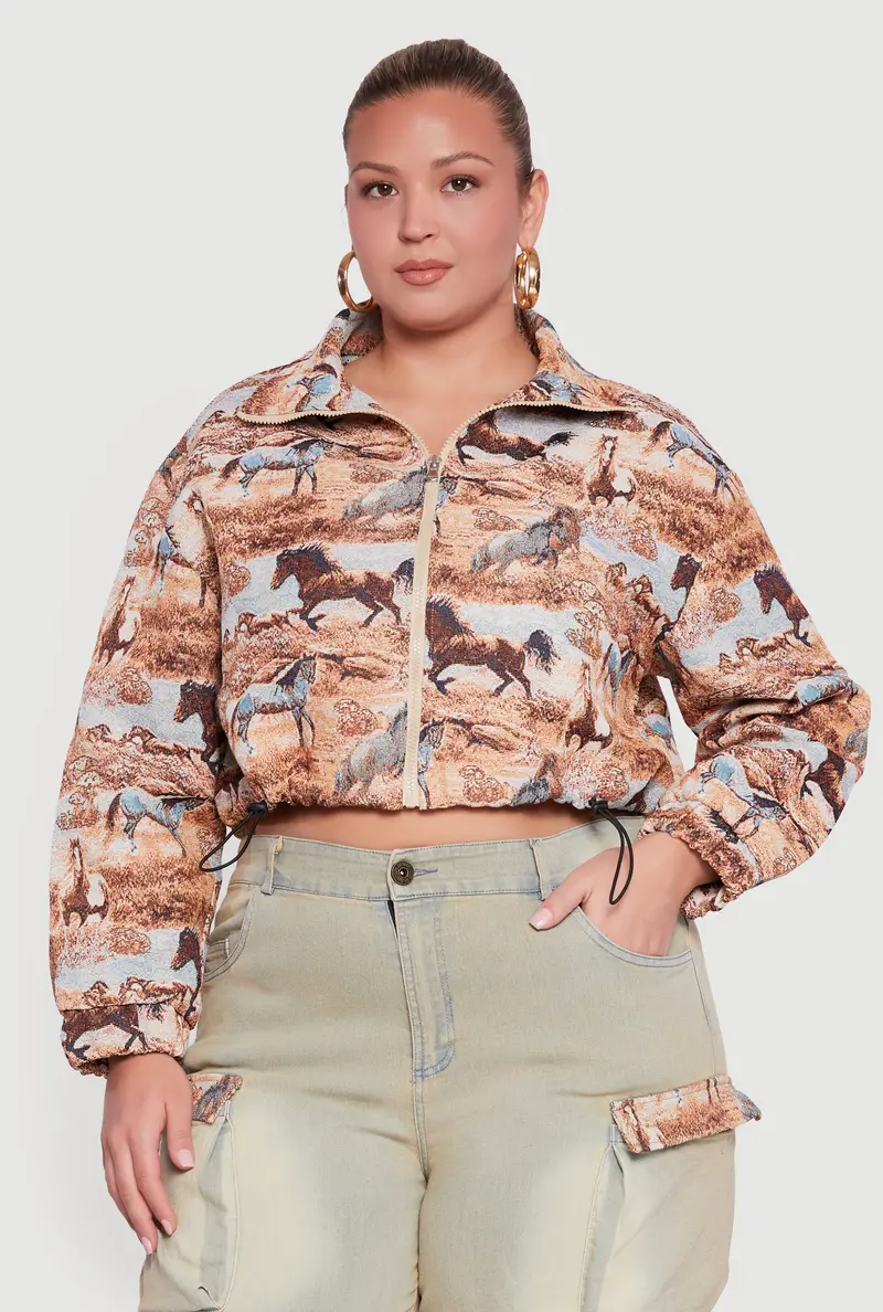 Plus Size Cropped Tapestry Jacquard Jacket 1