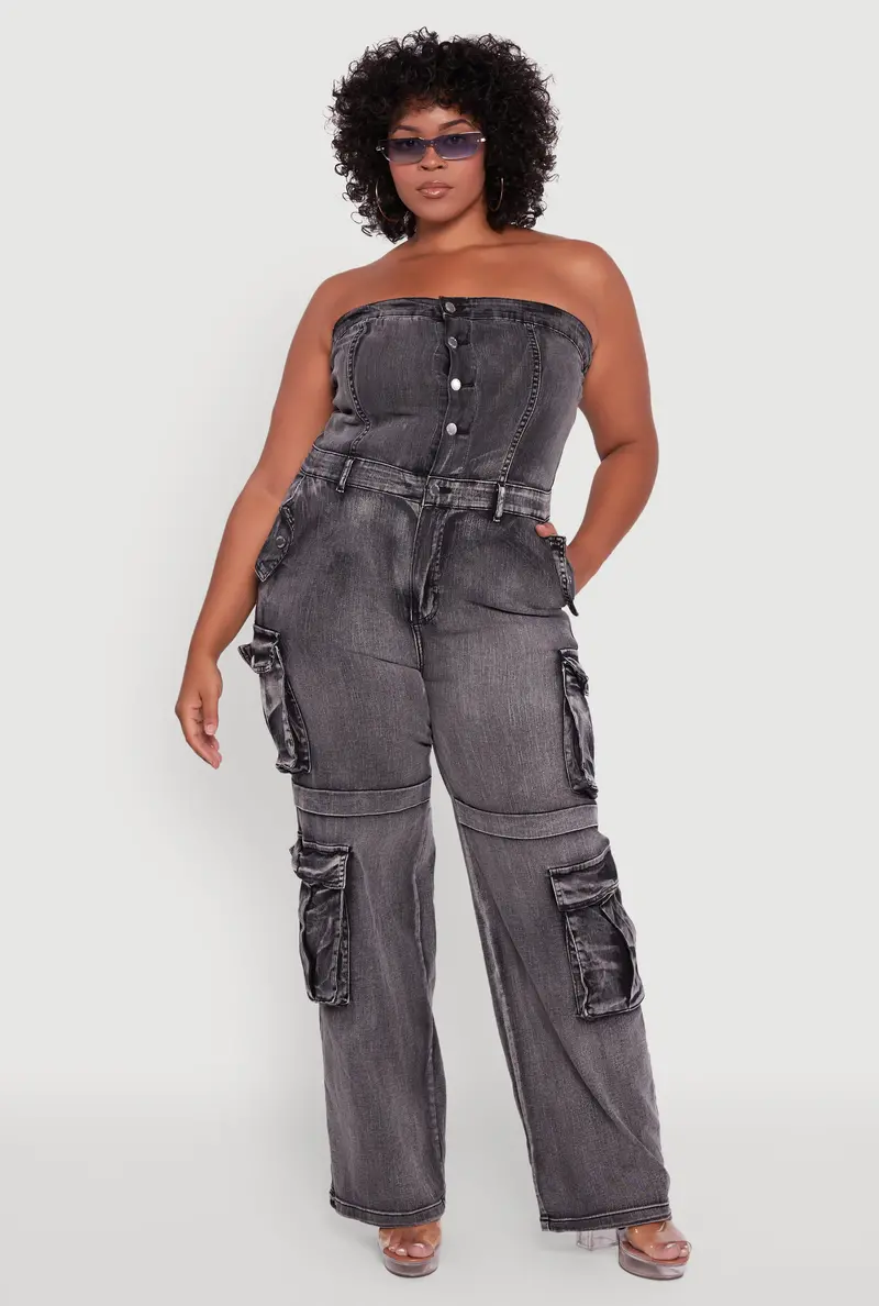 Plus Size Denim Cargo Jumpsuit In Acid Wash Finish 1