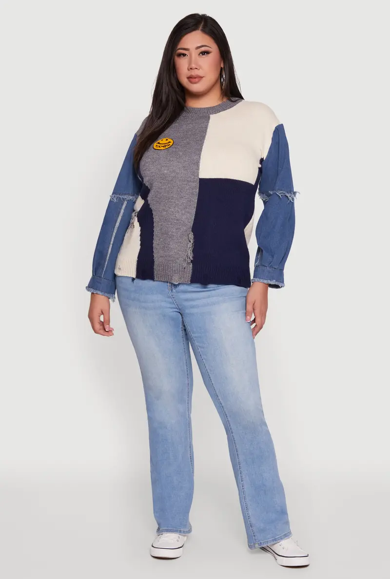 Plus Size Denim-Sleeve Sweater With Daisy Color Blocking 1