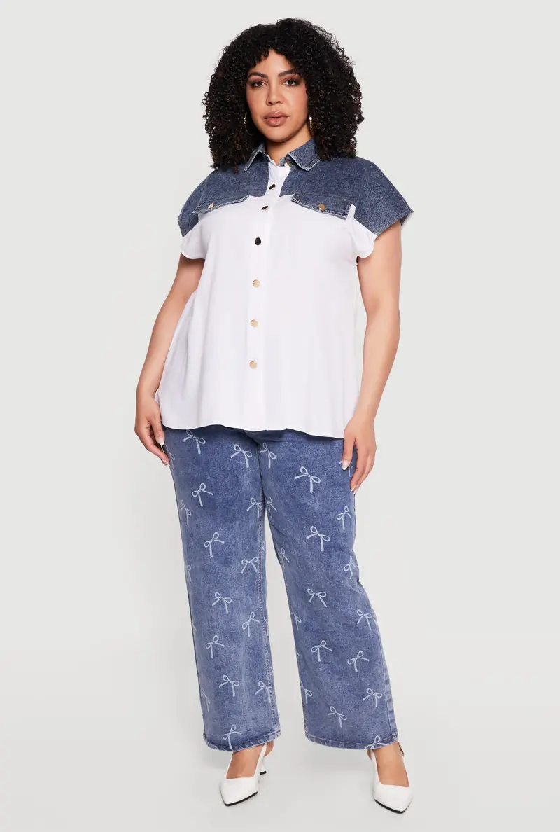 Plus Size Denim-Trimmed Button Front Shirt 1