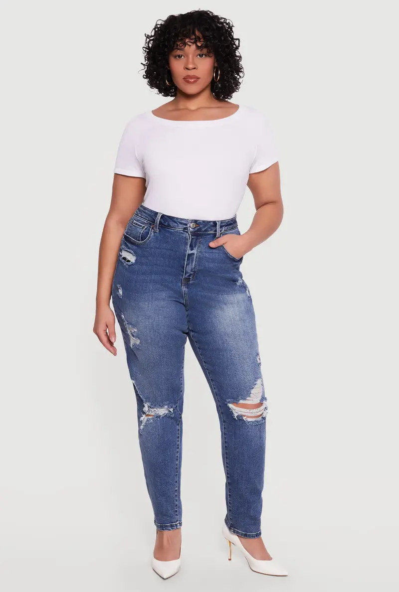 Plus Size Distressed Mom Jeans – Wax Finish 1