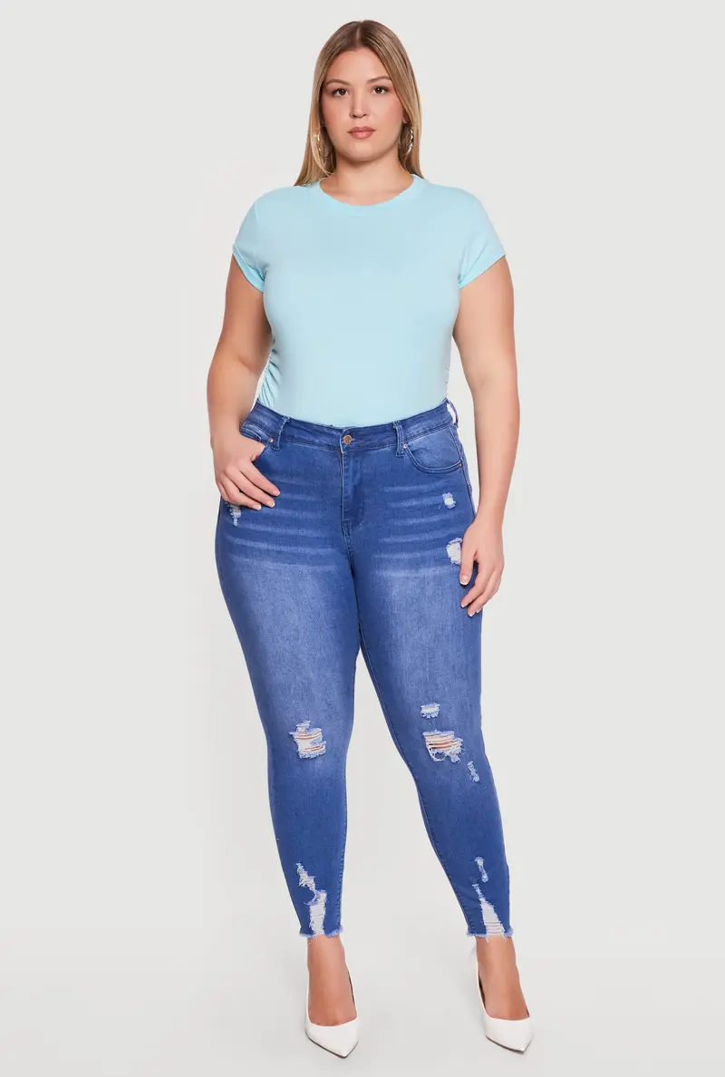 Plus Size Distressed Skinny Jeans With Frayed Hem 1