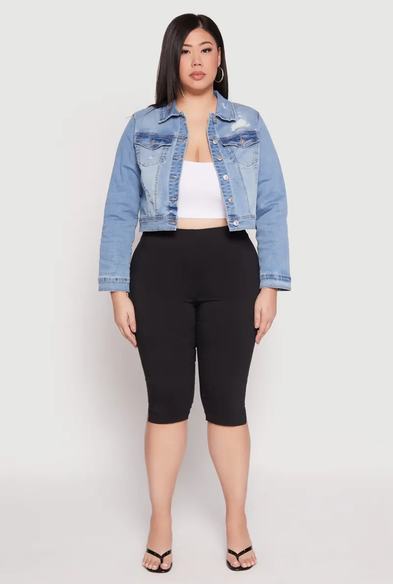 Plus Size Distressed Wax-Finish Cropped Denim Jacket 1