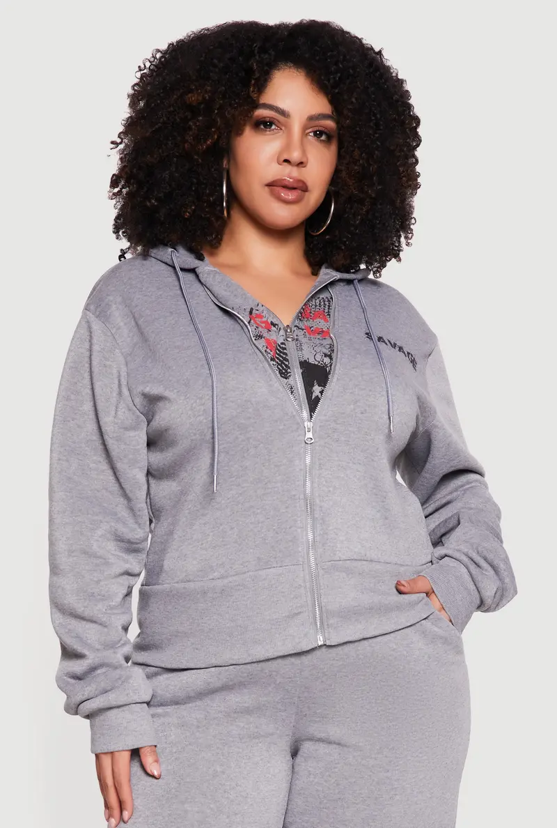 Plus Size Double-Zip Hoodie With Savage Graphic Design 1