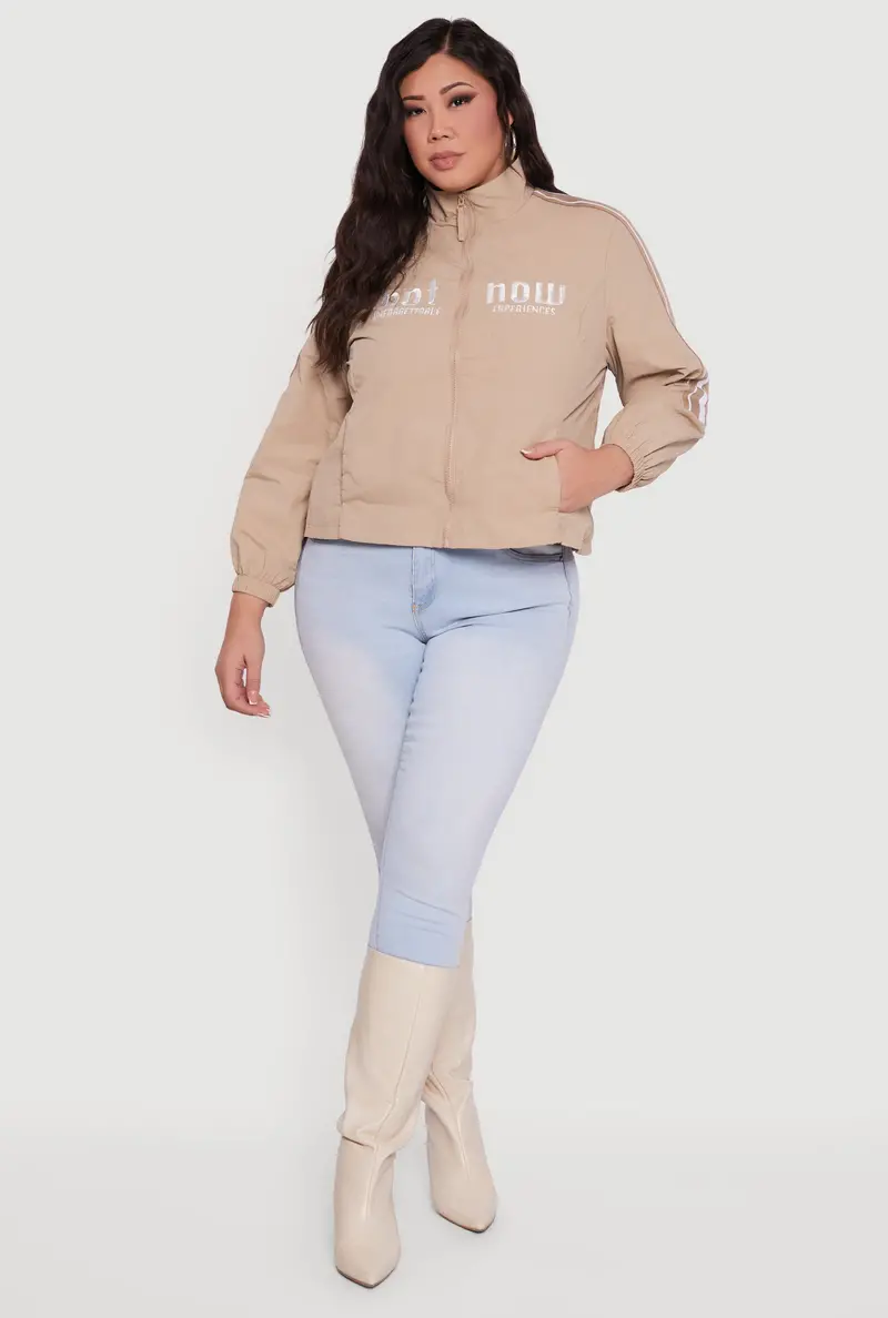 Plus Size Embroidered 'Not Now' Graphic Windbreaker 1
