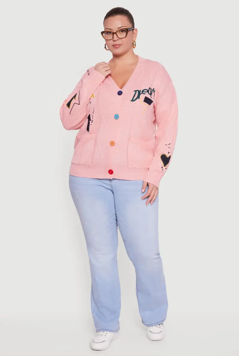 Plus Size Embroidered Patch Cardigan With Button Closure 1
