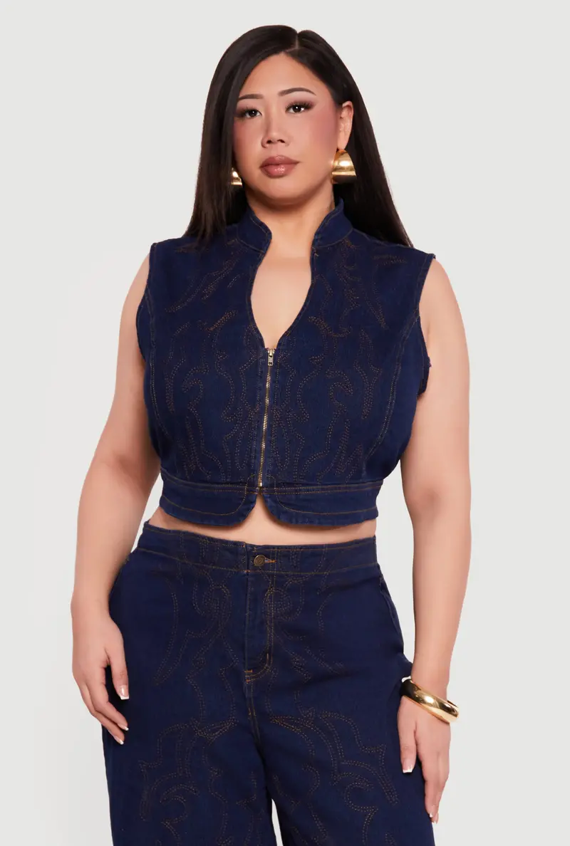 Plus Size Embroidered Zip-Front Denim Vest — Western Inspired 1