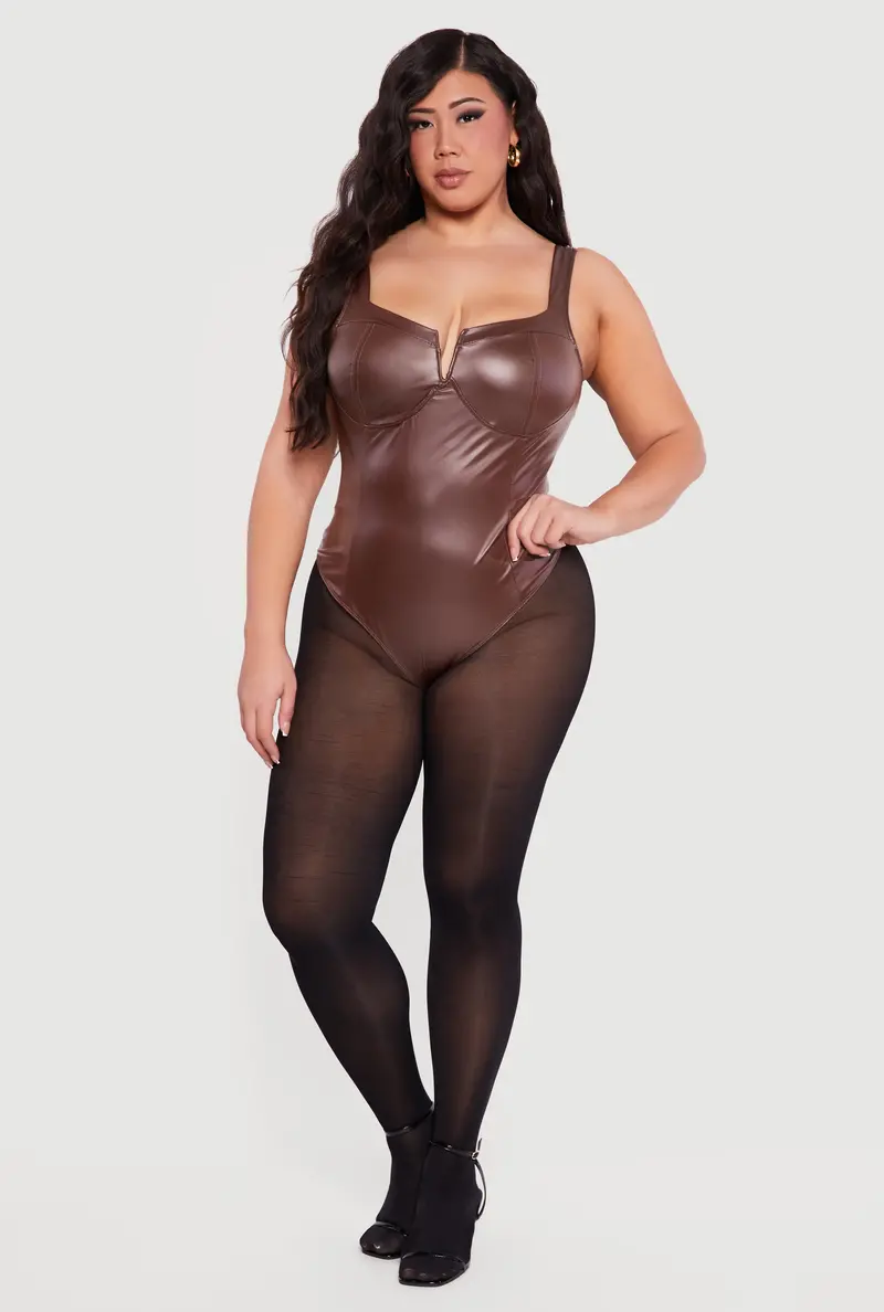 Plus Size Faux Leather Corset Bodysuit With Notch Neckline 1