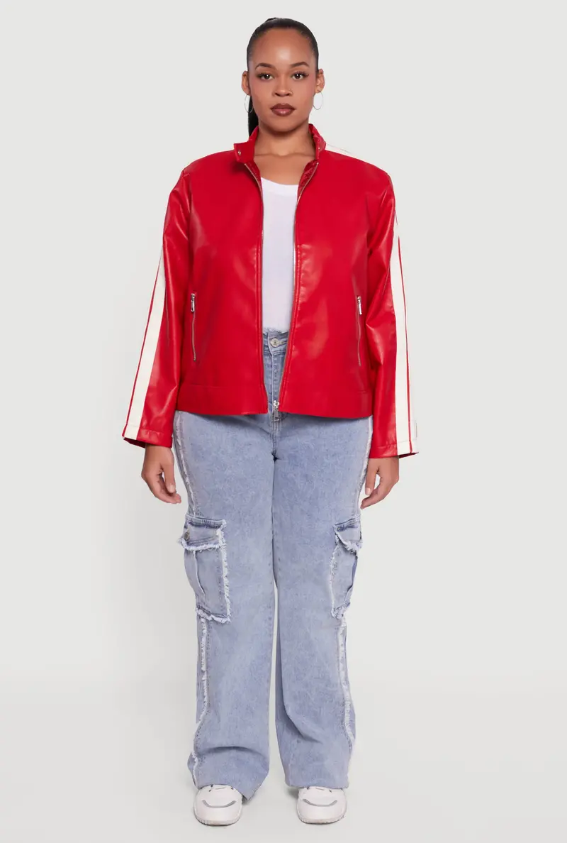 Plus Size Faux Leather Moto Jacket With Contrast Trim 1