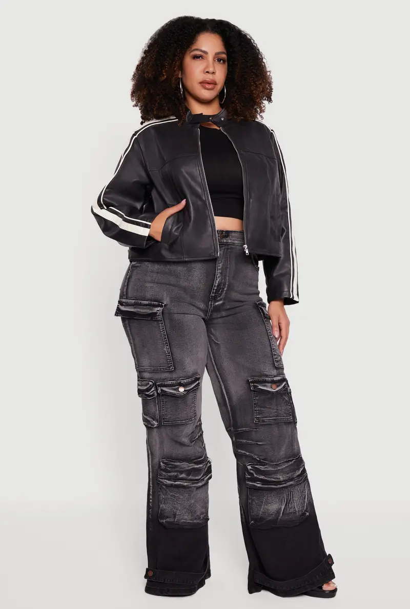 Plus Size Faux Leather Moto Jacket With Side Stripe And Zip Front 1