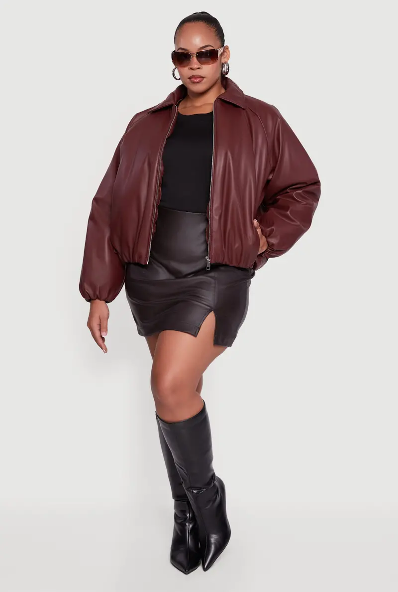 Plus Size Faux Leather Zip-Front Jacket With Bubble Hem 1