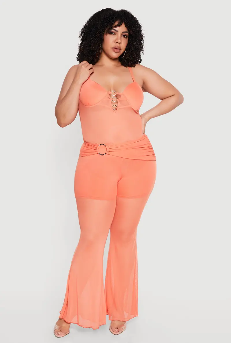 Plus Size Flared Leg Pants With Front Mesh Panel And O-Ring Belt Accent 1