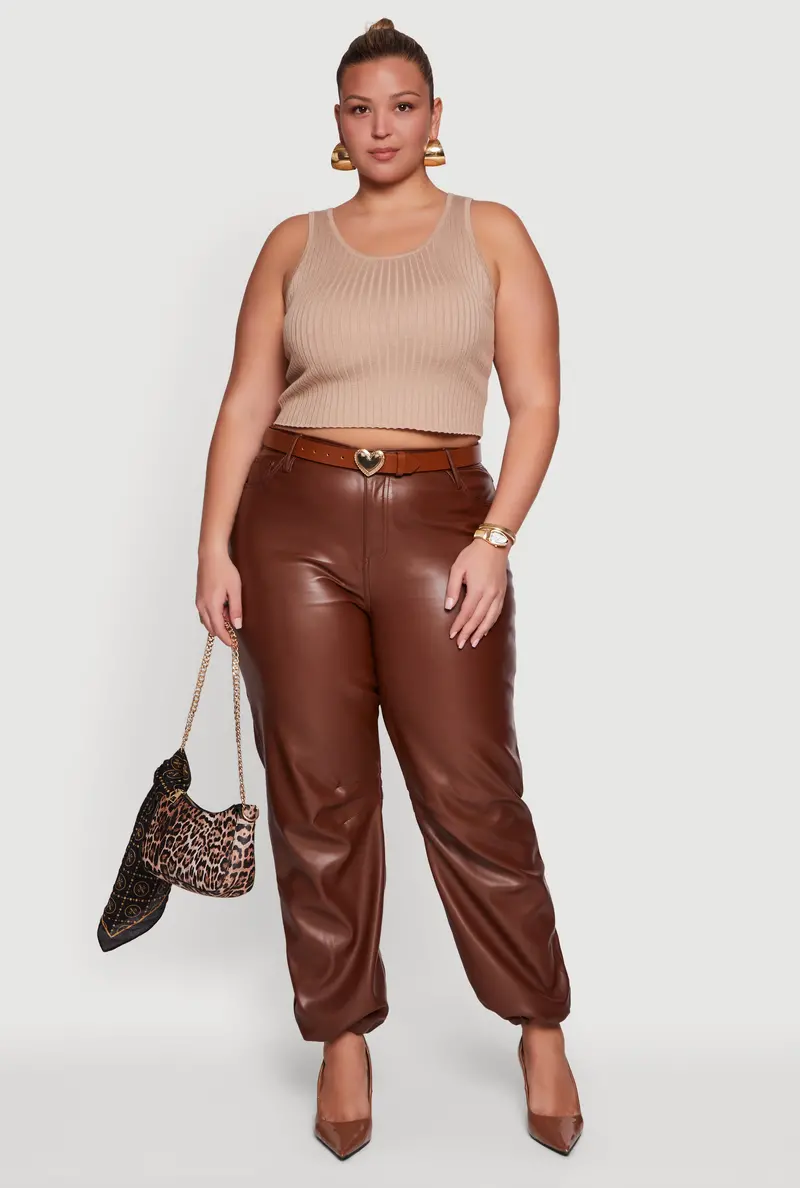 Plus Size Fleece-Lined Faux Leather Joggers – High Waist 1