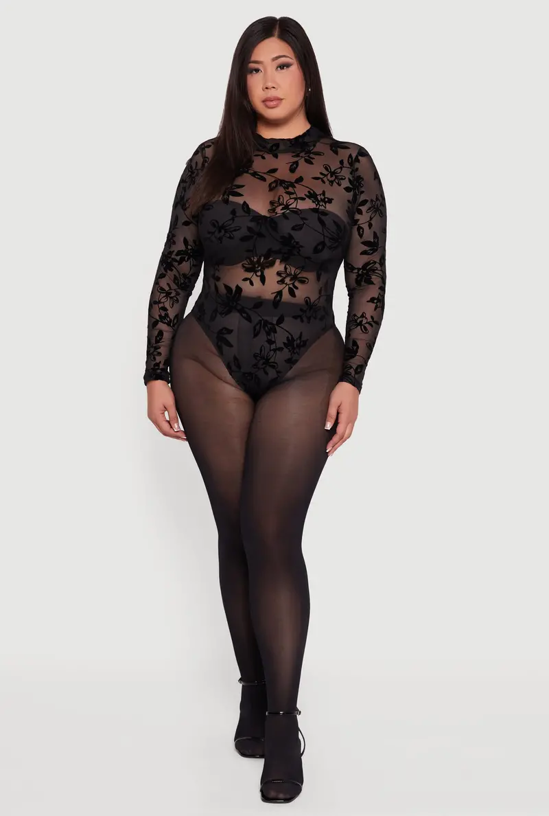 Plus Size Floral-Design Velvet Burnout Mock-Neck Bodysuit 1
