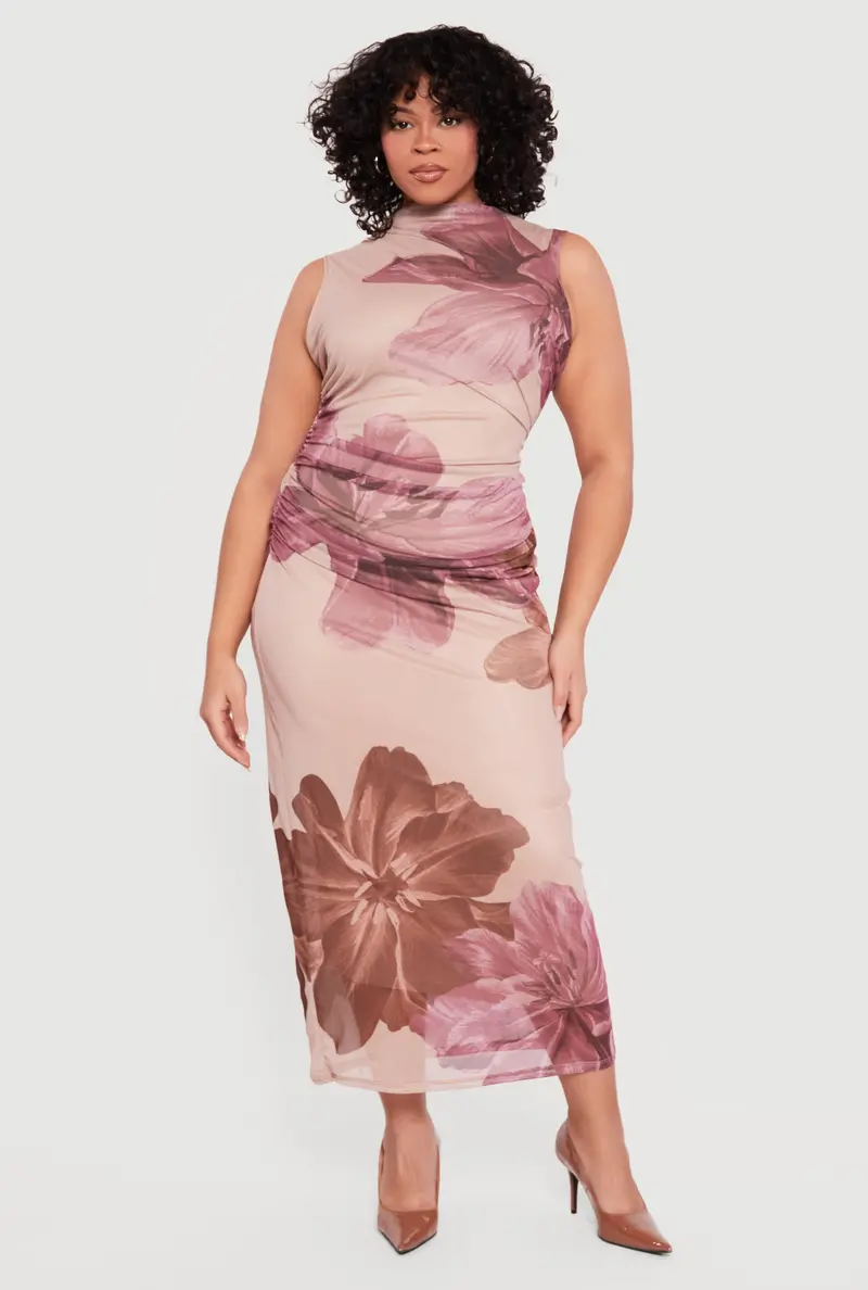 Plus Size Floral Mesh Overlay Maxi Dress With Asymmetrical Ruching 1