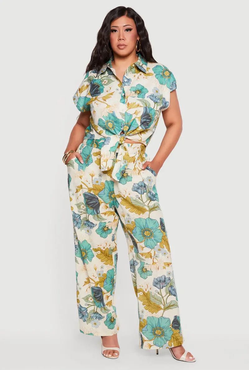 Plus Size Floral-Pintuck Wide-Leg Trousers 1