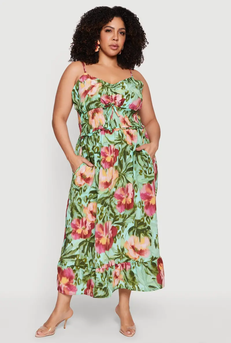 Plus Size Floral Smocked Maxi Sundress With Functional Pockets 1