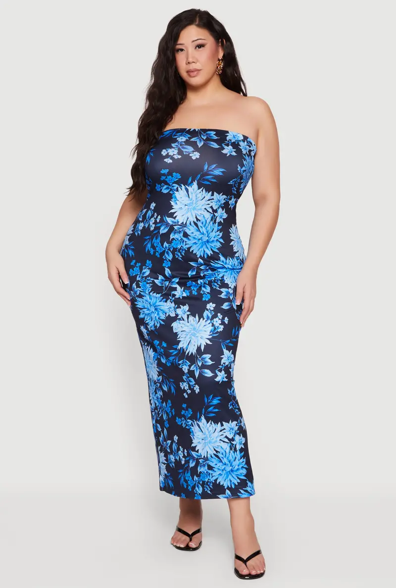 Plus-Size Floral Tube Maxi Dress With Slit Back 1
