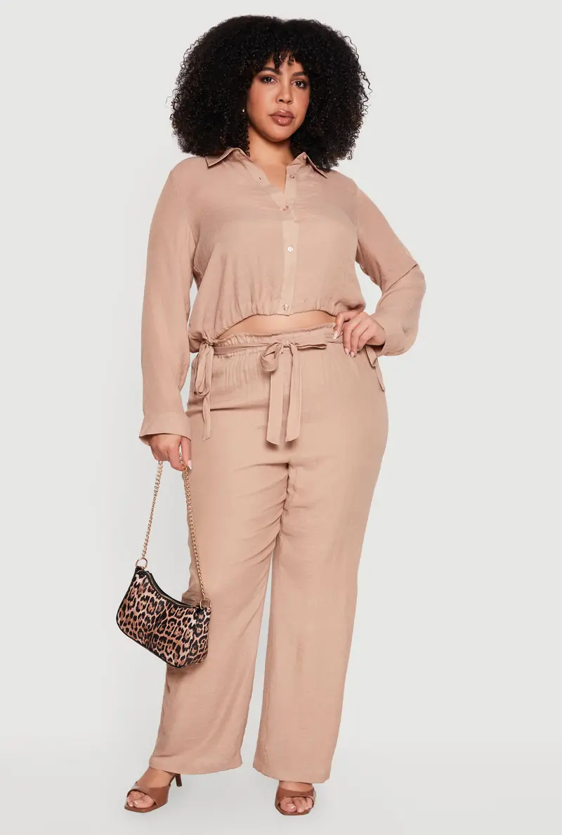 Plus Size Flowy Wide-Leg Pants In Soft Knit With Functional Tie Belt 1