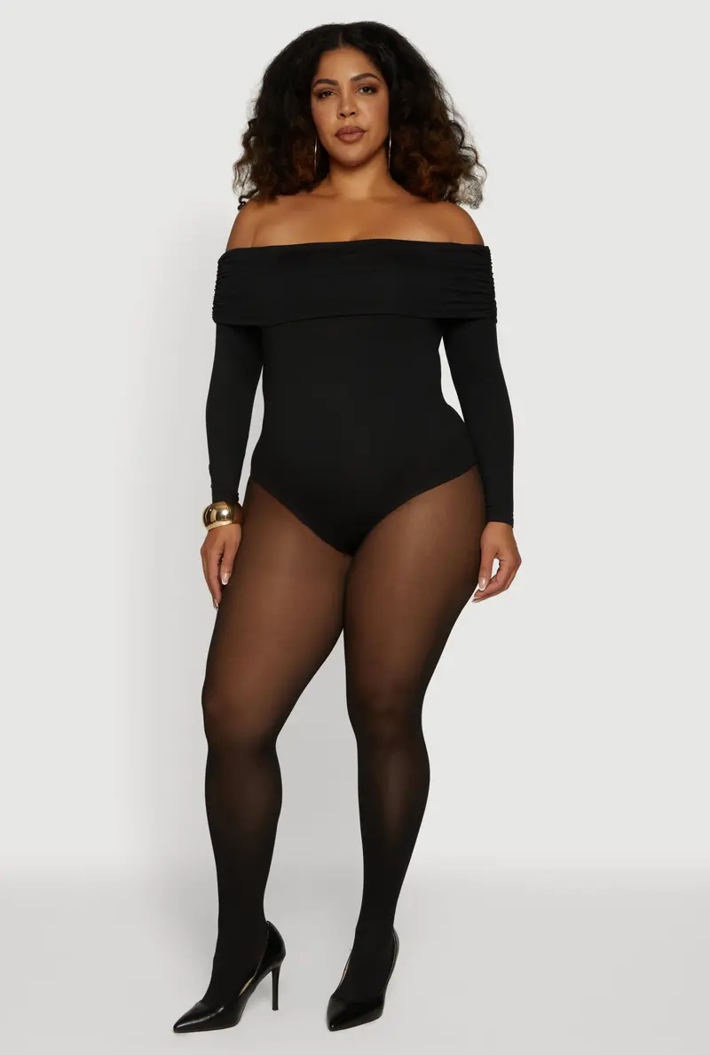 Plus Size Fold-Over Off-Shoulder Long-Sleeve Bodysuit 1