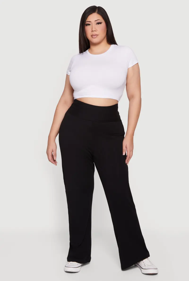 Plus-Size Fold-Over Waist Wide-Leg Trousers 1