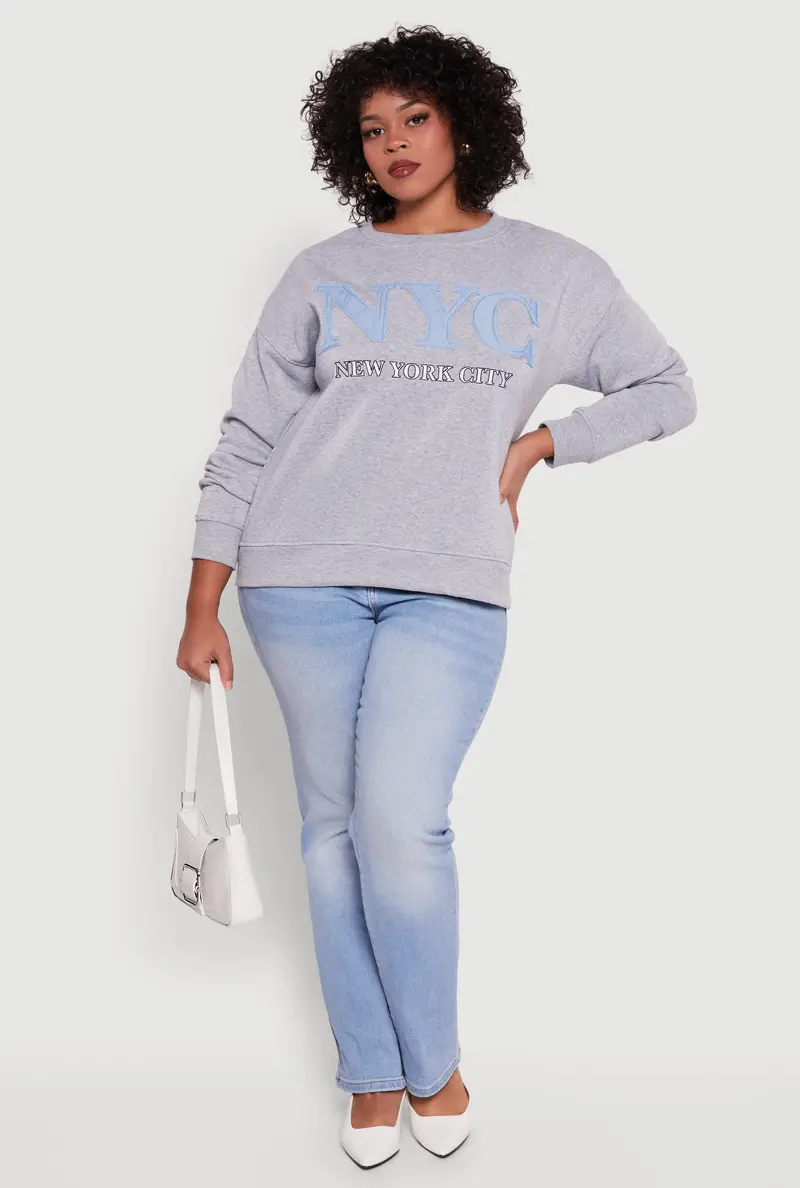 Plus Size Frayed Chambray Sweatshirt With Nyc Patch Graphic 1