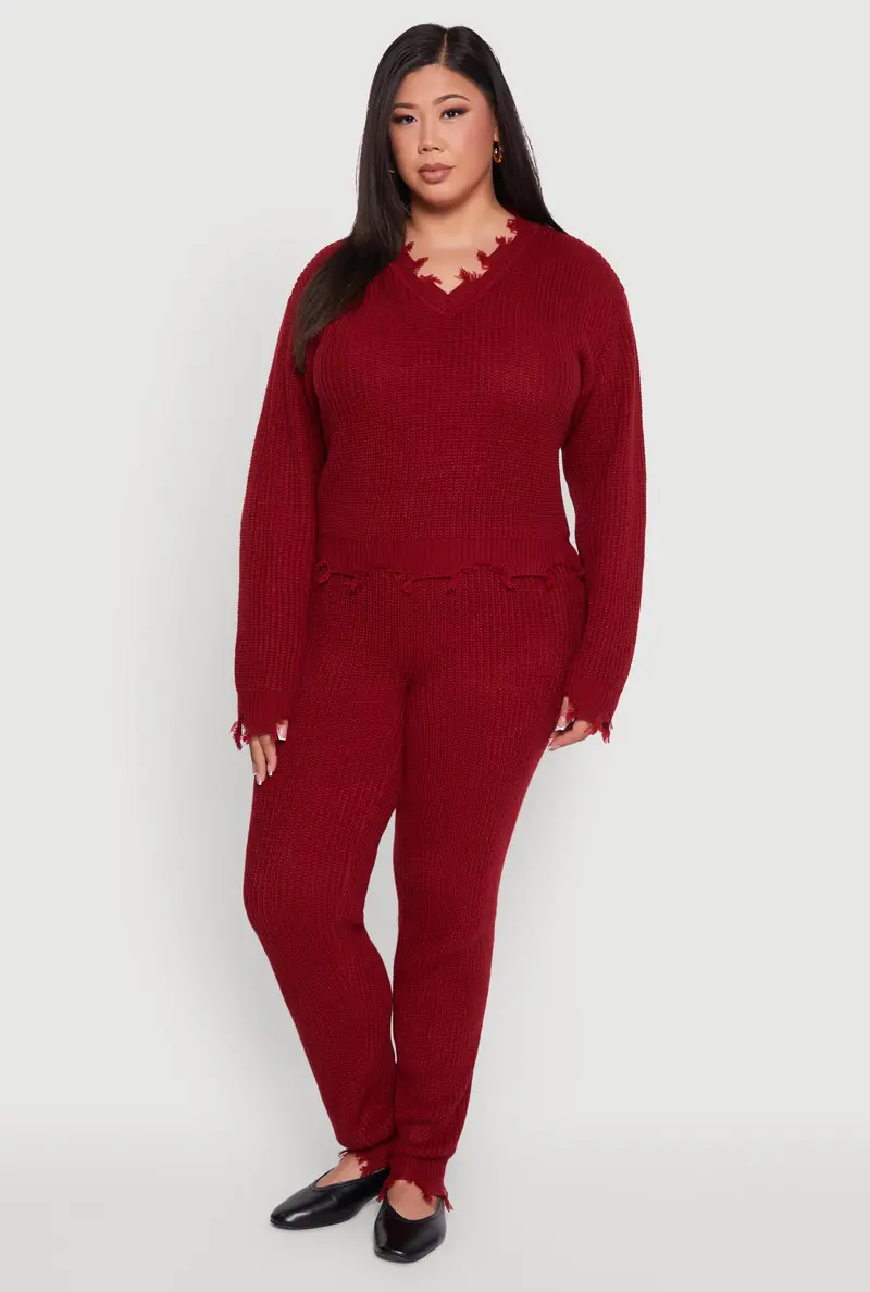 Plus Size Frayed-Hem Crochet High-Waist Pants 1