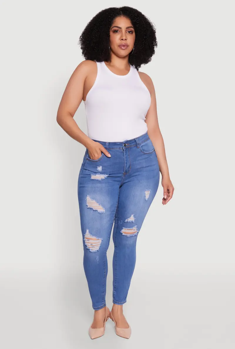 Plus Size Frayed-Hem Distressed High-Waisted Skinny Jeans 1