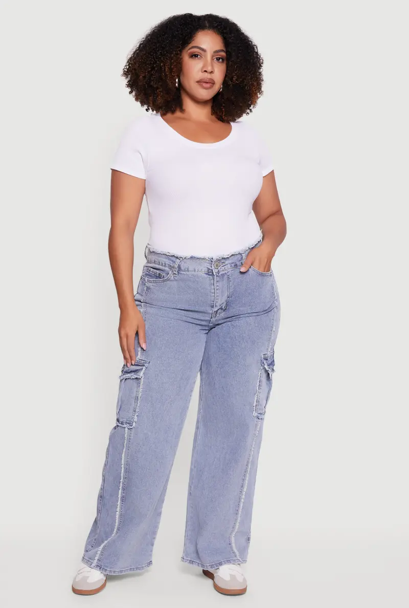 Plus Size Frayed Pintuck Acid Wash Jeans – High Waist 1