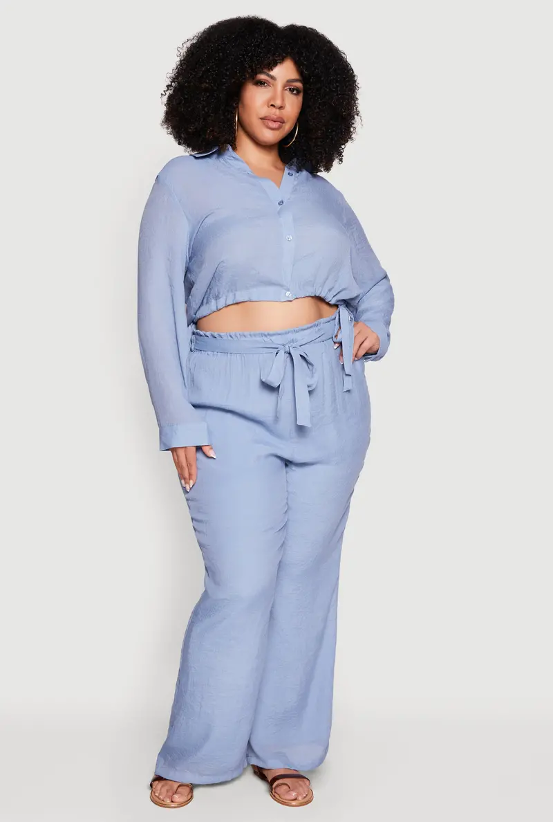 Plus Size Gauzy Knit Wide-Leg Pants With Tie Waist And Belted Accent 1