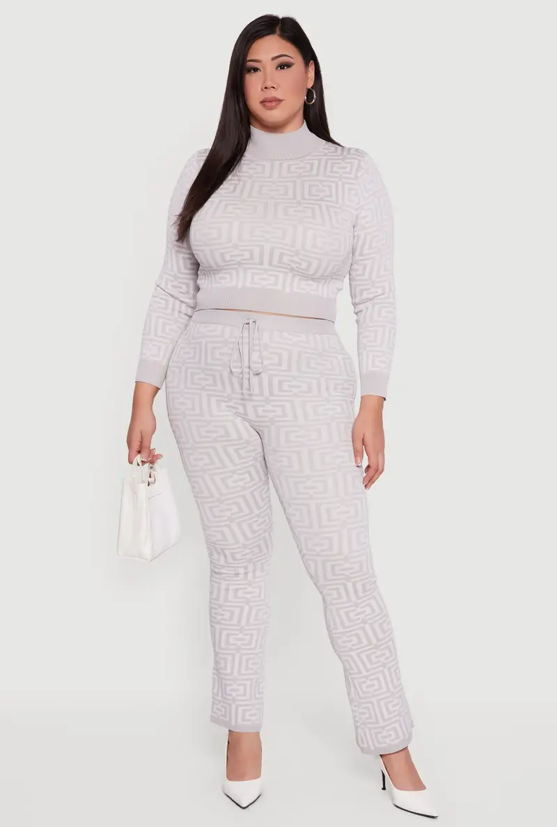Plus Size Geometric-Print Slim-Fit Bootcut Knit Pants 1