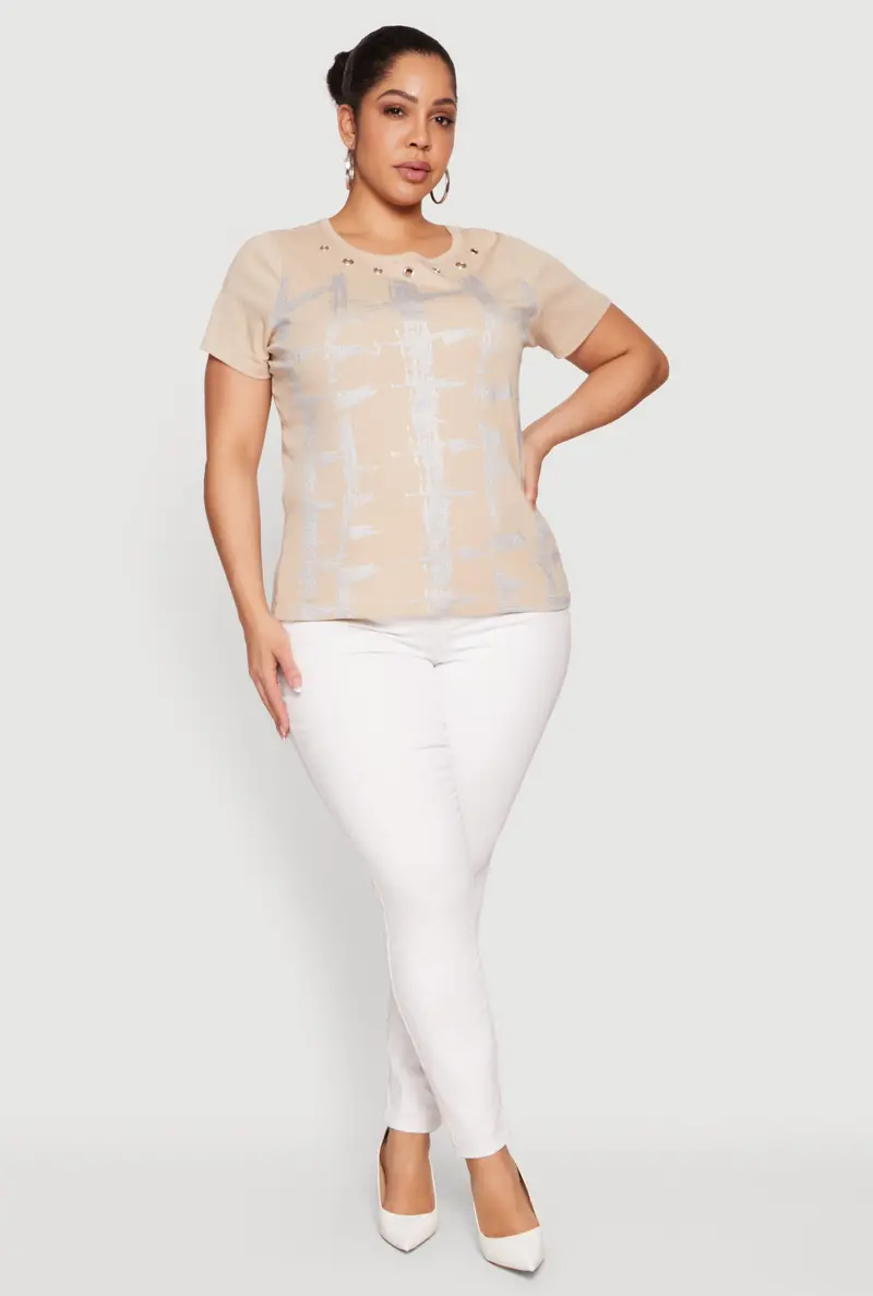 Plus Size Graphic Tee With Foil Graffiti Print And Grommet Accents 1