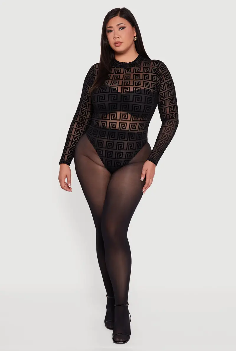 Plus Size Greek Key–Patterned Velvet Burnout Mock-Neck Bodysuit 1