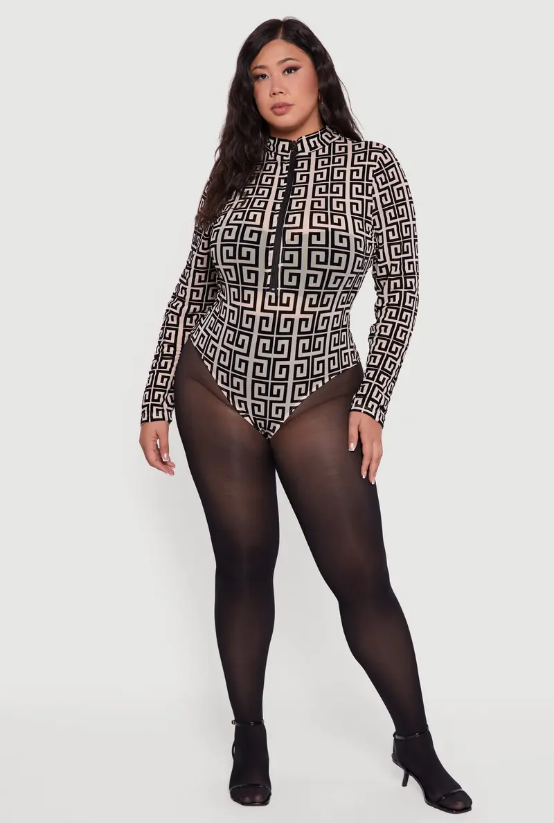 Plus Size Greek Key Velvet Burnout Half-Zip Bodysuit 1