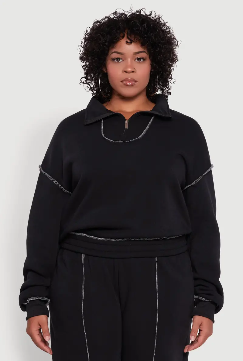 Plus Size Half-Zip Fleece-Lined Sweatshirt With Decorative Stitching 1