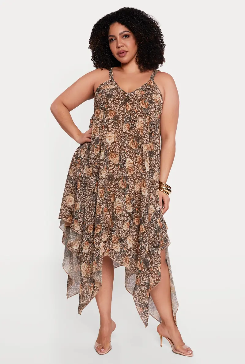 Plus Size Handkerchief-Hem Dress With Animal Rose Print 1