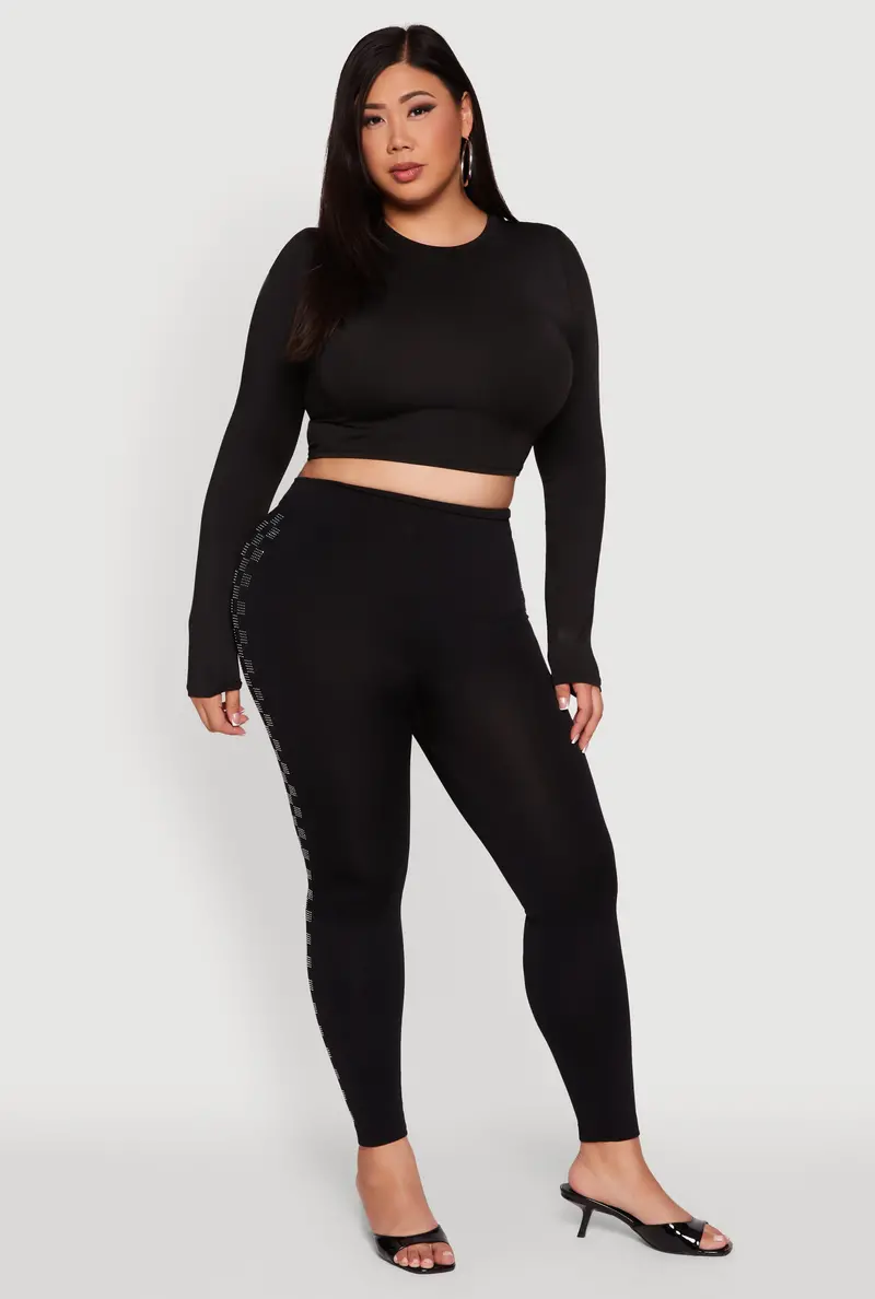 Plus Size High-Waisted Checkered Leggings With Side Rhinestones 1